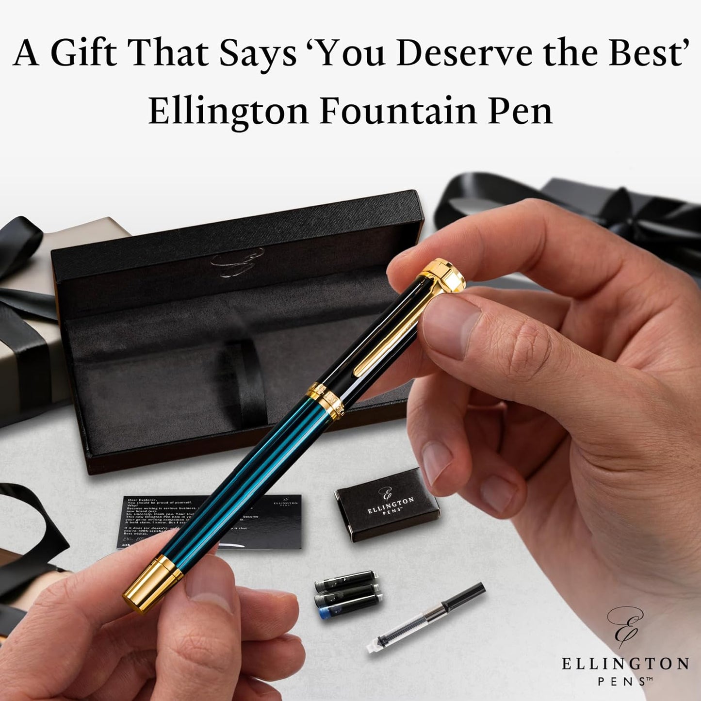 Luxury Fountain Pen Set- Fountain Pens for Writing - Smooth Fine Nib - Includes Refillable Ink Converter, 3 Ink Cartridges [Black & Blue], Gift Box - Elegant Calligraphy