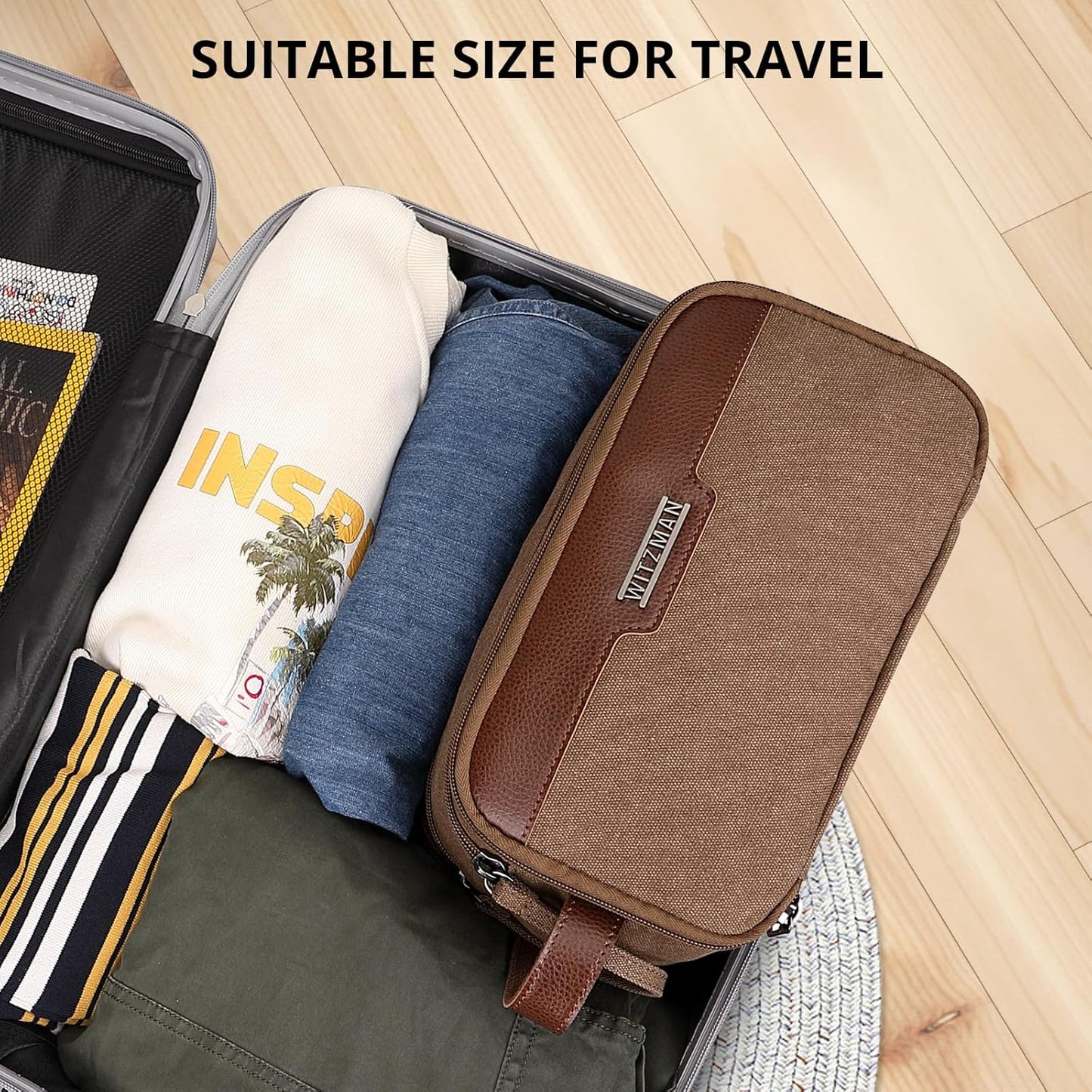 WITZMAN Canvas Toiletry Bag for Men Large Capacity Hanging Dopp kit for Men Leather Toiletries Water-resistant Bathroom Bag(A8002 Brown)