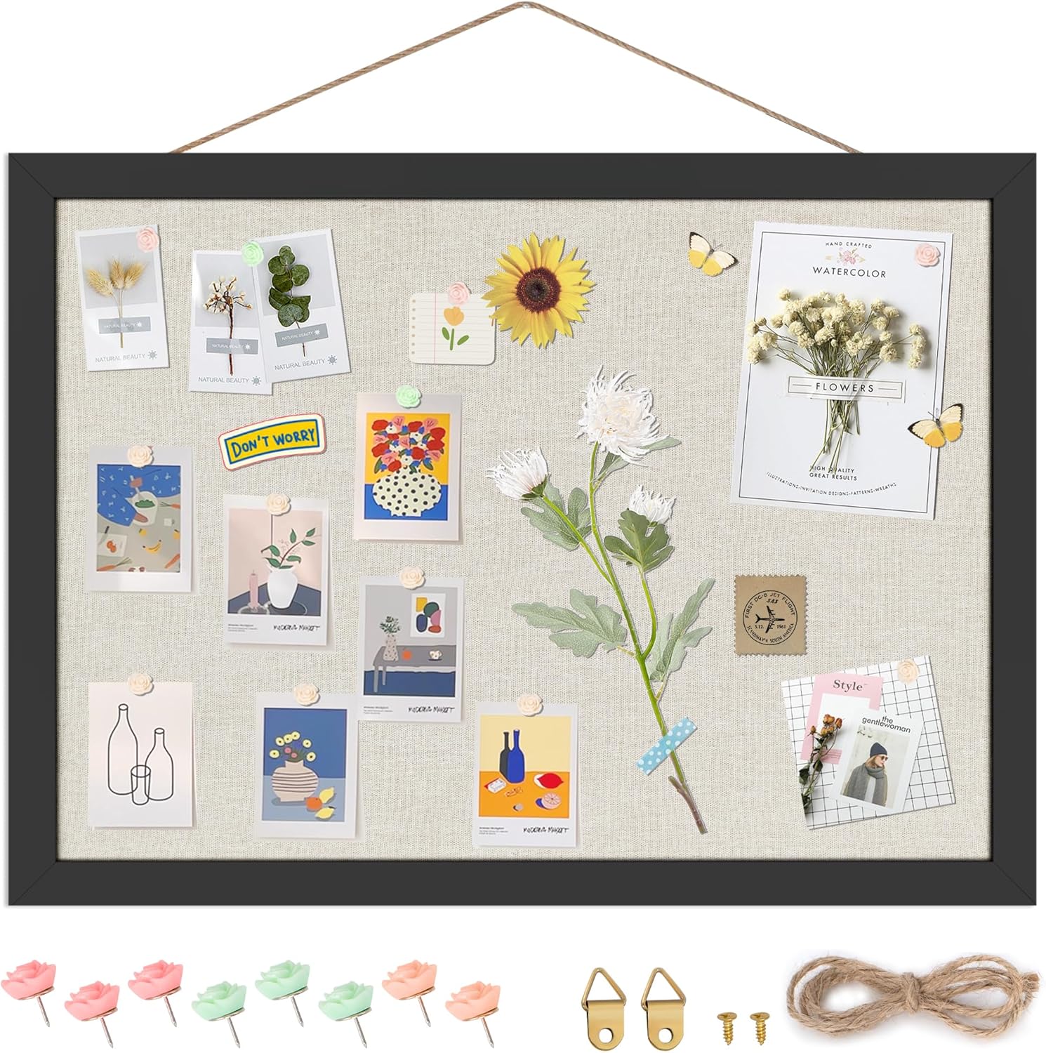 Cork Board Bulletin Board 16.7" x 11", Small Linen Corkboards with Frame for Walls, Cute Picture Display Pin Board Vision Board for Room School Office Bedroom 8 Pushpins Vintage Black - Lumora Desk