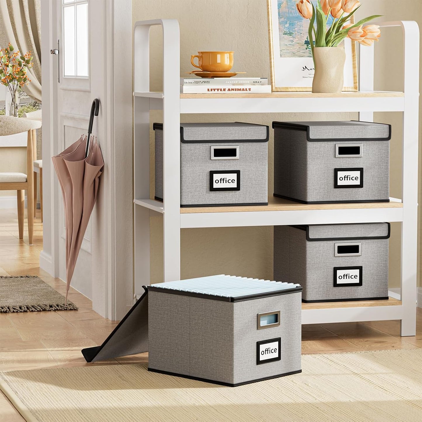 Huolewa Upgraded Portable File Organizer Box with Lid, Collapsible Linen Hanging Filing Storage Boxes with Plastic Slides, Decorative Home/Office Filing System Box for File and Folders Storage (Gray)