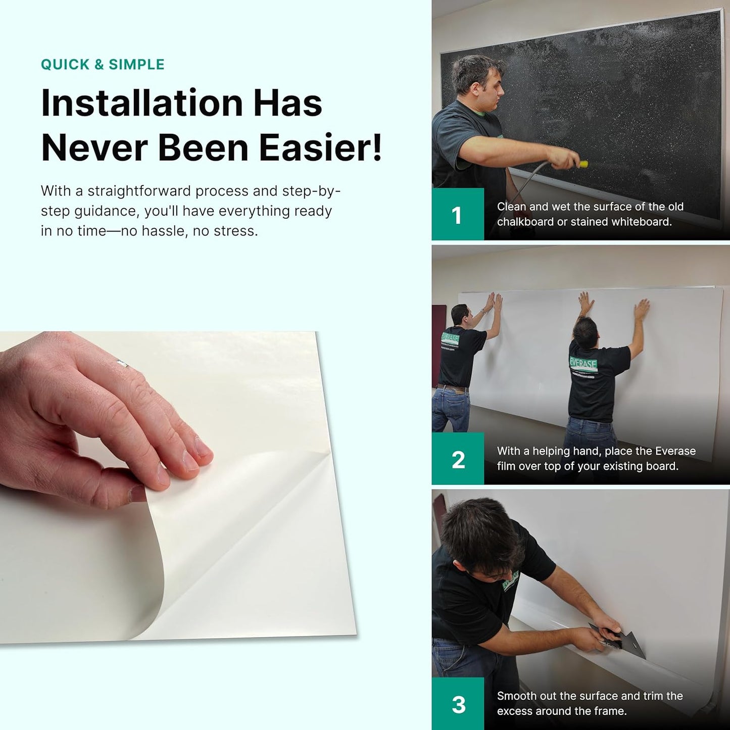 Everase Dry Erase Whiteboard Resurfacing Film Roll (25 ft x 50") – Peel & Stick, Converts Chalkboards & Stained Whiteboards, Durable, Scratch/Stain-Resistant, Eco-Friendly, Refinish in 30 Mins.