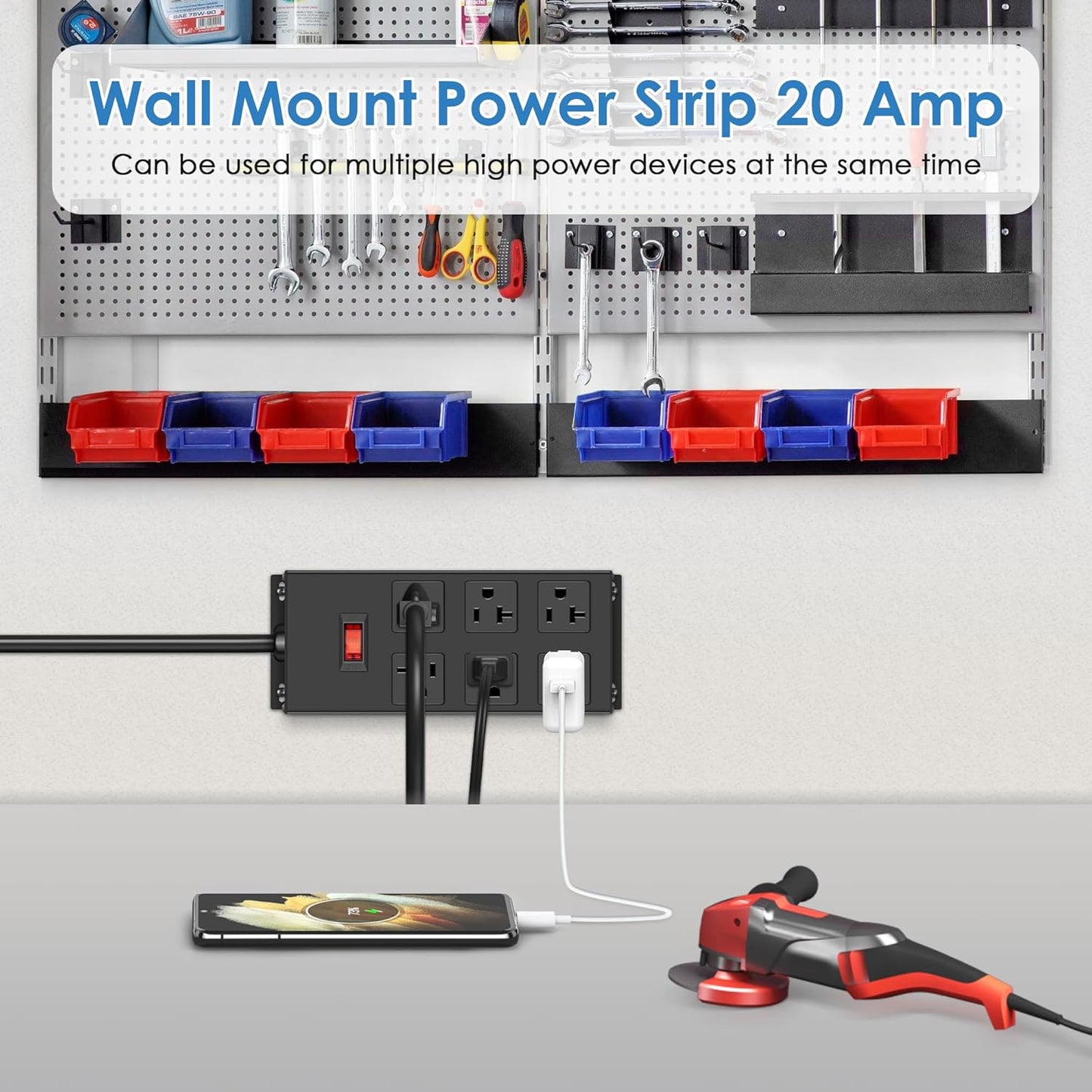 JUNNUJ 20 Amp Power Strip Heavy Duty 2 Pack, Garage 6 Outlets Metal 12 Gauge Surge Protector 3000J, High Amp 5-15P Adapter Shop 6-20R T-Slot Industrial (6AC 2-Pack, 4FT)