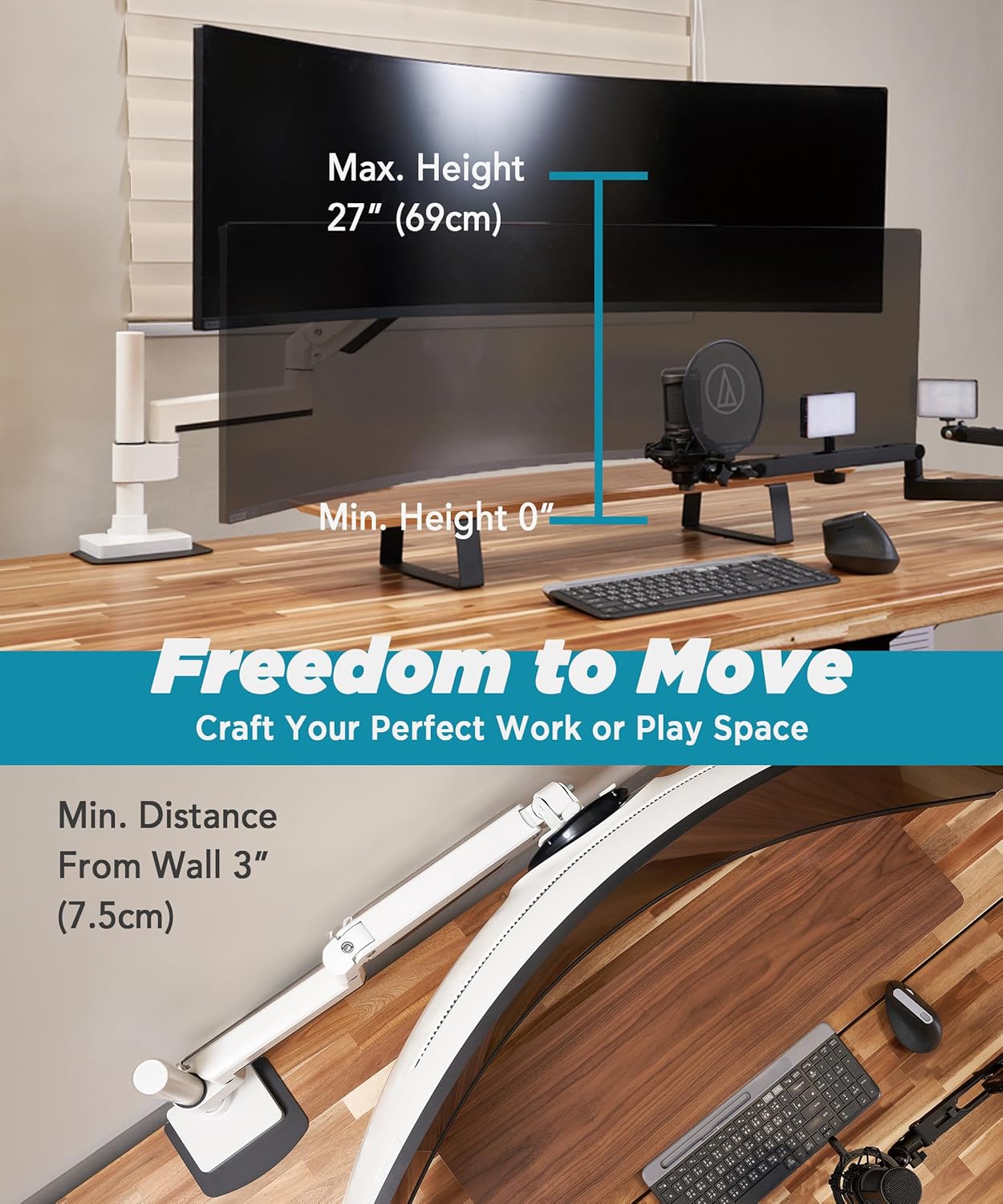 Heavy Duty Monitor Arm for Ultrawide Monitors up to 57" and 44 lbs, Single Desk Stand, Pneumatic Height Adjustable, Modular Extension Arms - Max VESA 100x100, White, MA20PW-S