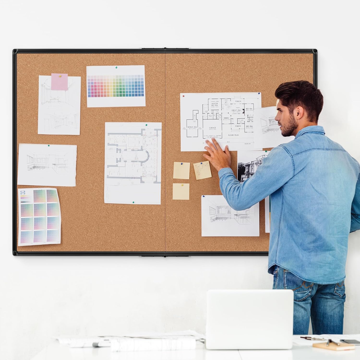 Board2by Extra Large Cork Bulletin Board 60" X 48", Foldable Notice Pin Board for Wall, Black Aluminum Framed 5'x4' Corkboard, Wall Mounted Noticeboard with 36 Push Pins for School, Home & Office - Lumora Desk