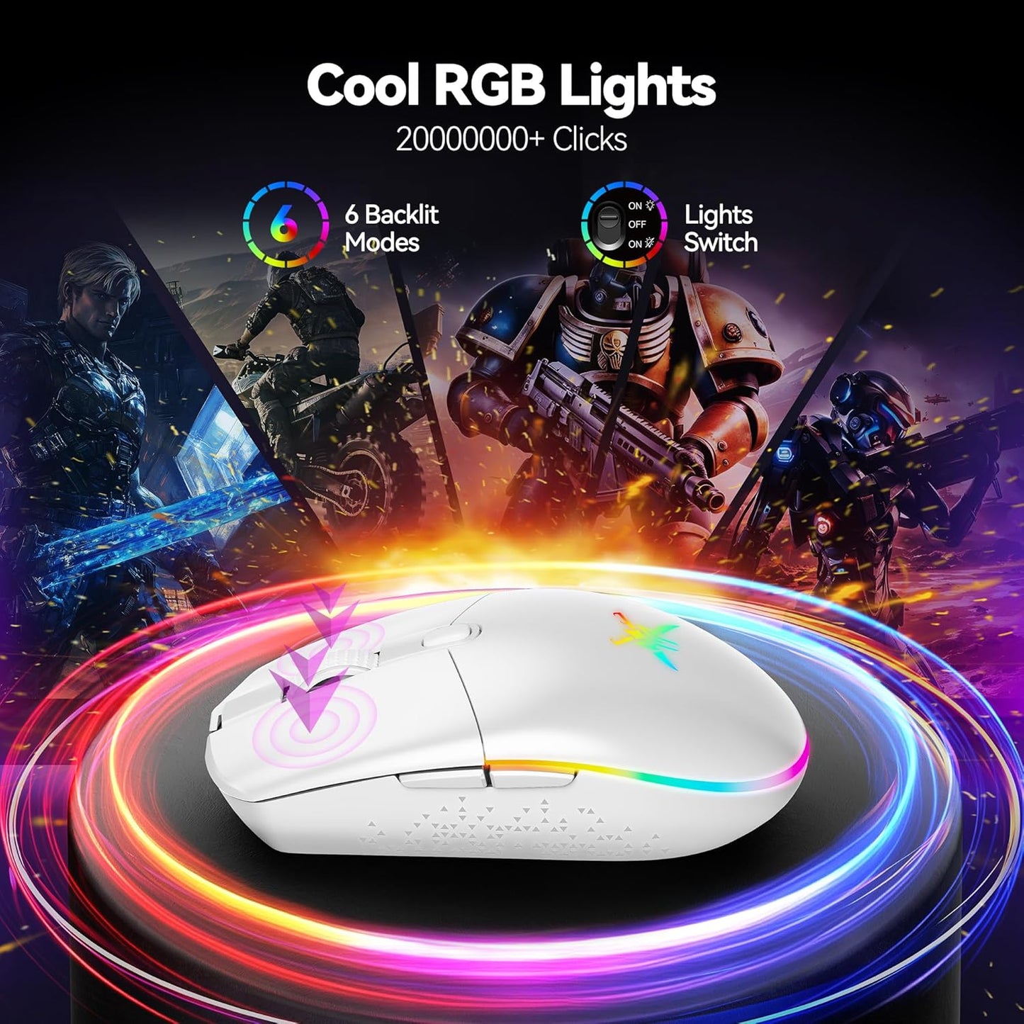 TECKNET Wireless Gaming Mouse - 8000 DPI, RGB Backlit, 6 Programmable Buttons, 100Hrs Battery Life, Dual Mode [2.4G & USB-C] for Laptop,PC,Mac - White