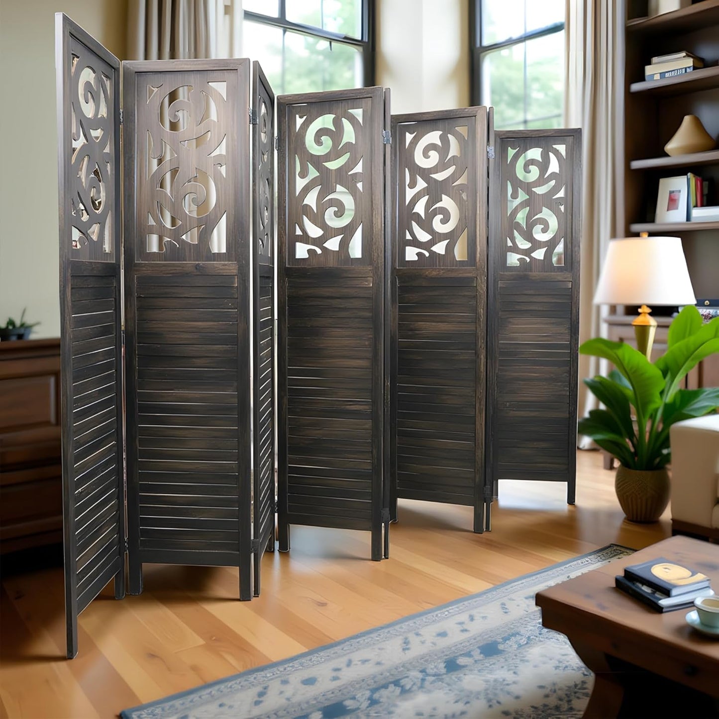 NicBex 8 Panel Room Divider,5.6FT Wood Carved Room Dividers,Folding Privacy Screens Portable Freestanding Partition Wall Dividers for Room Separation,Home Bedroom Office,Rustic Brown - Lumora Desk