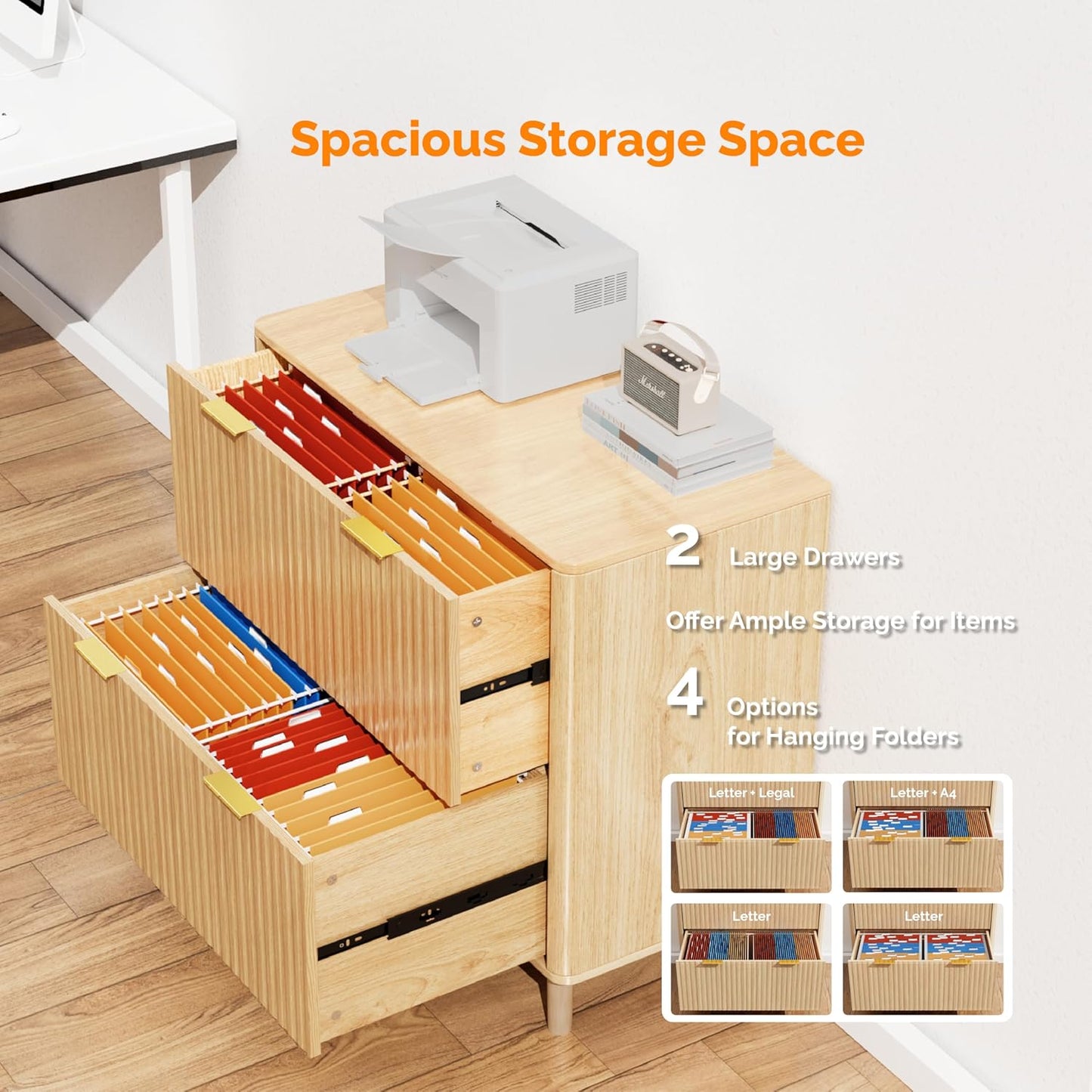 VINGLI 2 Drawer File Cabinet, Home Office Filing Organizer, for Letter Legal A4 Size File Folder Storage, Modern Style Fluted Design, Wood Lateral Filing Cabinet, Printer Stand, Archivador (Oak)