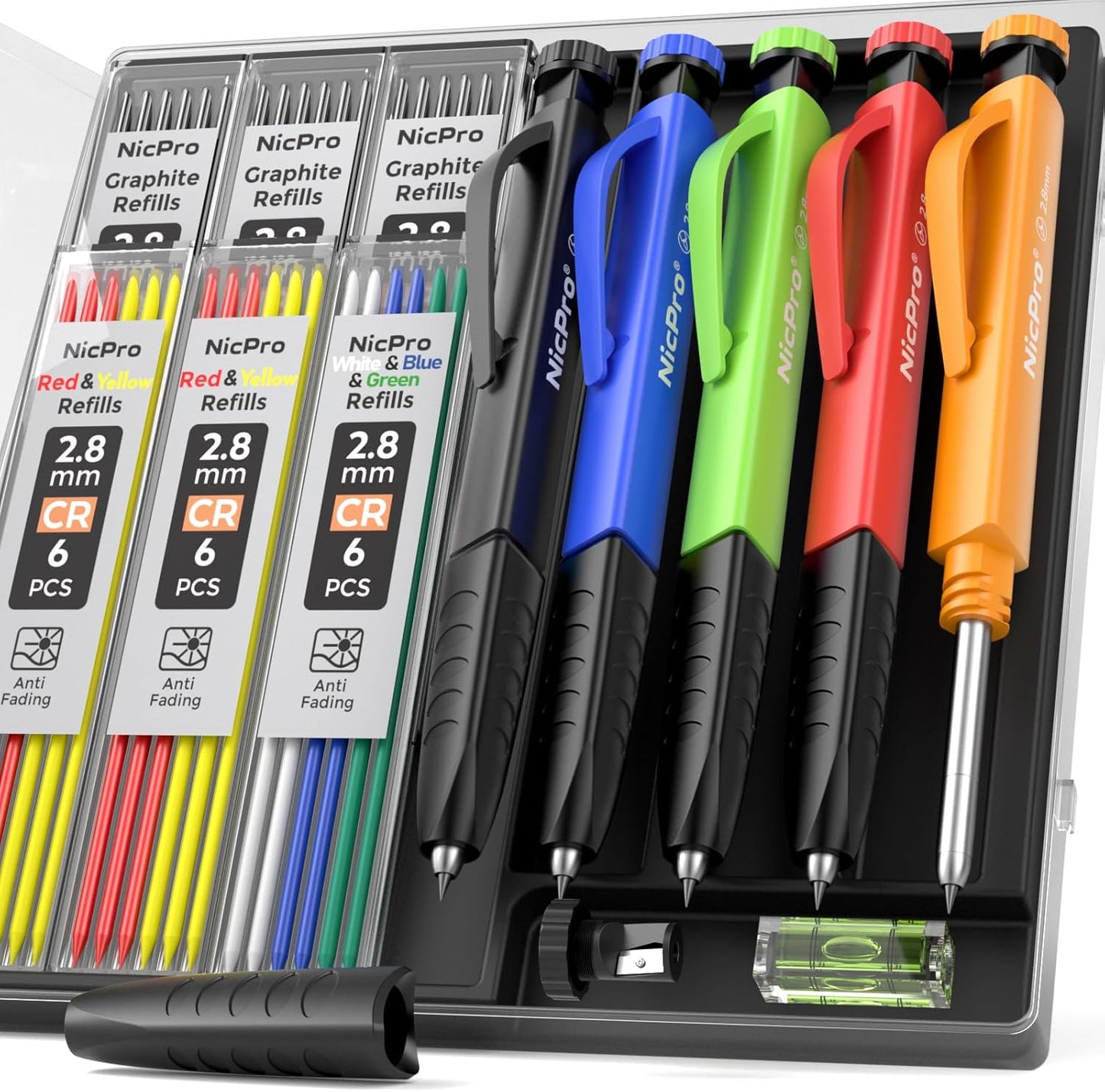 Nicpro 5 Pack Mechanical Carpenter Pencil Set with Sharpener & Finger Grip, Mechanical Woodworking Pencils with 41 Refills, Deep Hole Marker Heavy Duty Construction Pencils for Architect- With Case