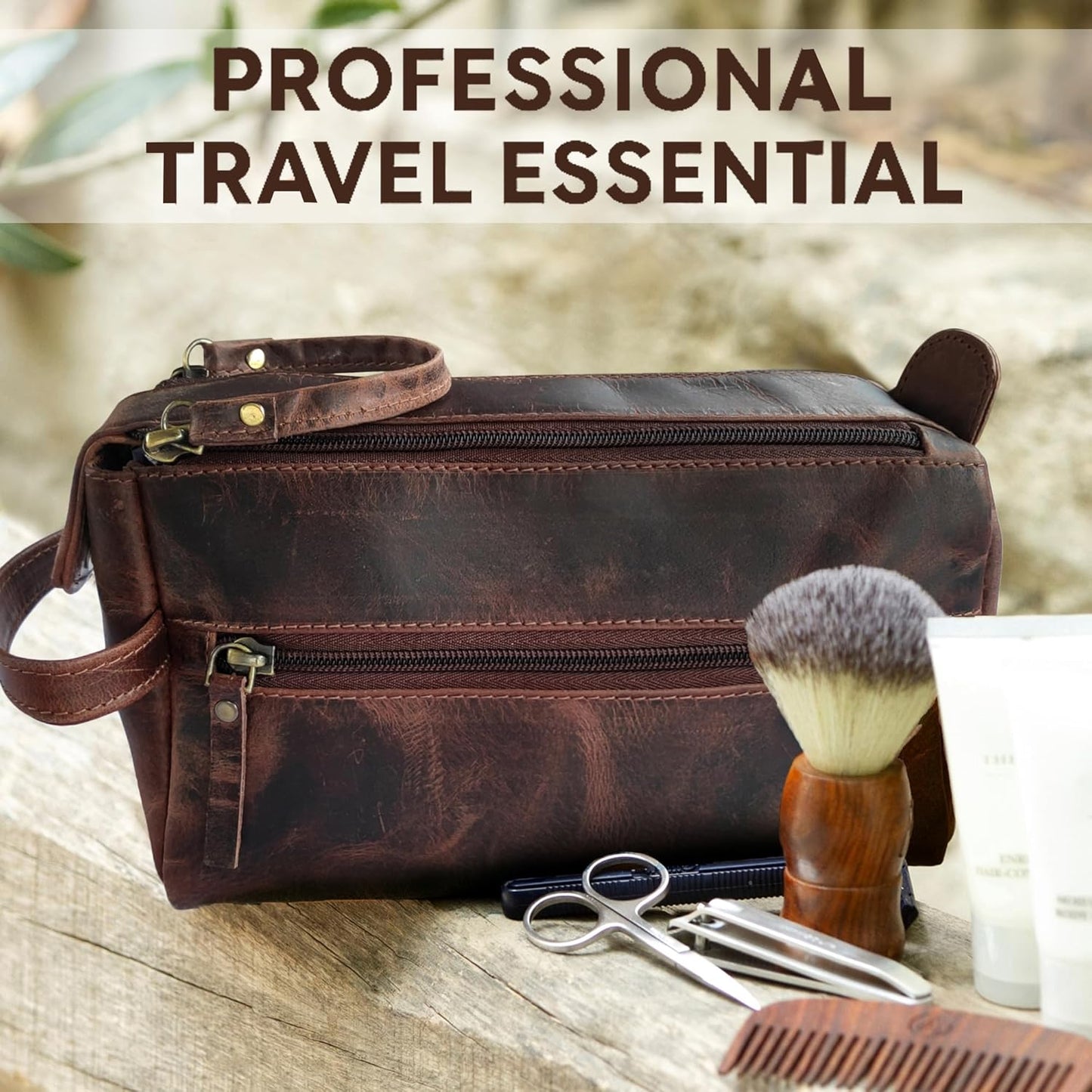 Leather Wash Bag for Men - Travel Toiletry Bag - Shaving Dopp Kit Toiletries Organizer - Leather Makeup Bag for Women