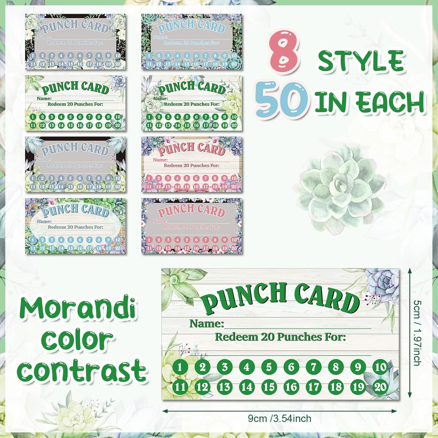 Fumete 400 Pcs Punch Cards for Classroom Reward Cards Behavior Incentive Loyalty Awards for Kids Students Teachers School Business, 8 Styles, 3.5 x 2 in(20 Succulent Punches Style)