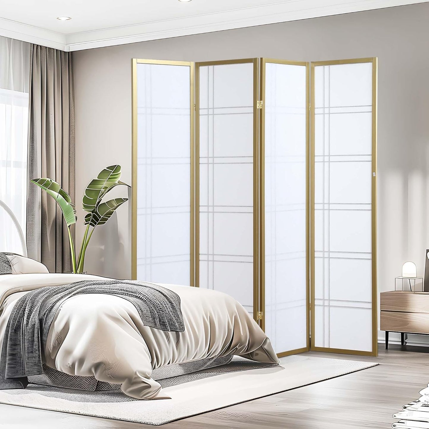NicBex Room Divider 4 Panel Room Dividers with Paper-Looking Partition Room Dividers and Folding Privacy Screens Wall Divider for Home, Office, Room Separation,72" W x 1" D x 70" H, White+Gold - Lumora Desk