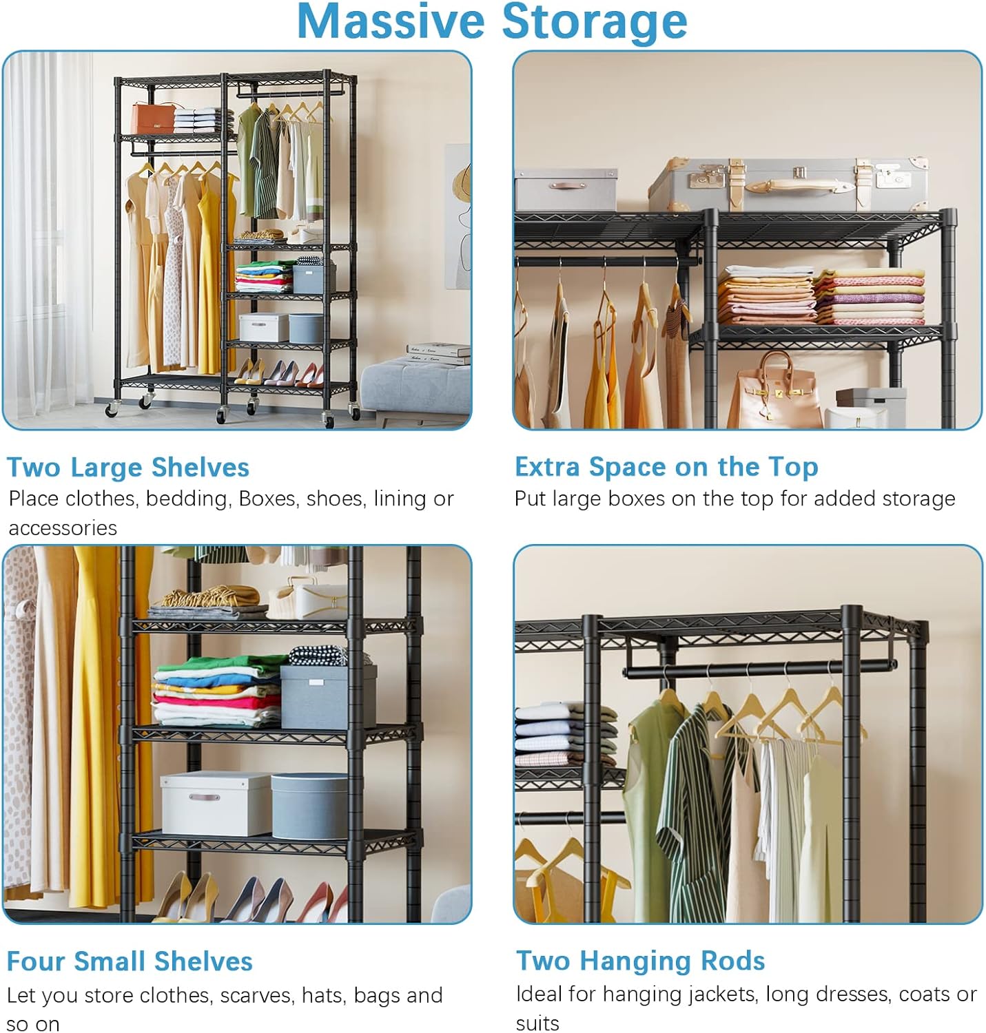 VIPEK R4 Garment Racks Heavy Duty Clothes Rack -620lb Capacity Metal Frame, Rolling Lockable Wheels & 6 Tiers Adjustable Height Shelves & Hanger Rods, Sturdy Wardrobe Closet for Home Storage, Black - Lumora Desk