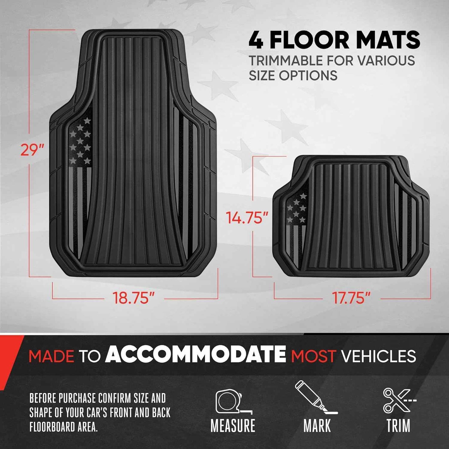 MotorTrend Black Flag Rubber Floor Mats – All Weather Car Mats with American Flag Stars & Stripes Design, Heavy-Duty Automotive Floor Mats for Cars, SUVs & Trucks Black/Grey