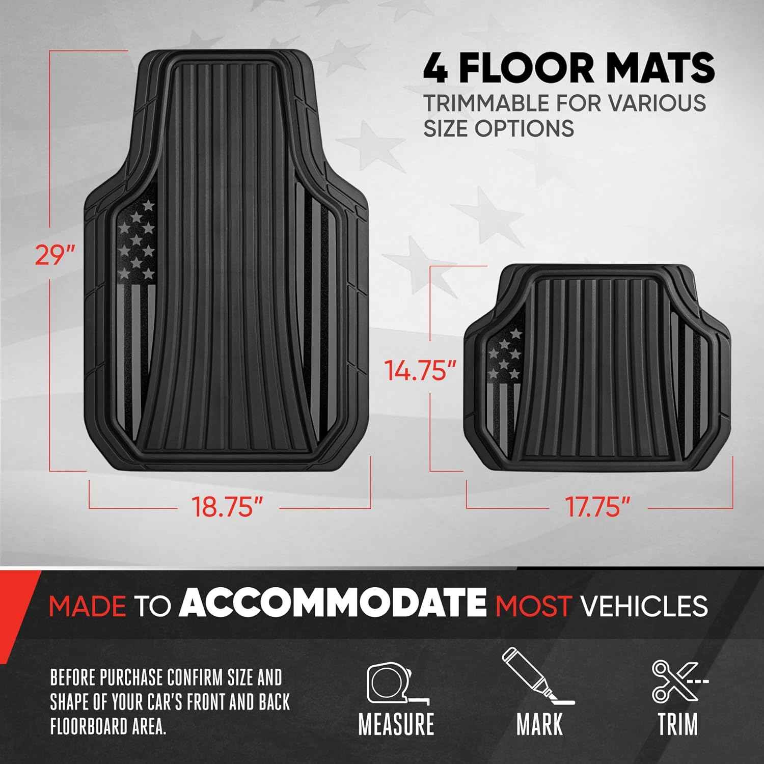 MotorTrend Black Flag Rubber Floor Mats – All Weather Car Mats with American Flag Stars & Stripes Design, Heavy-Duty Automotive Floor Mats for Cars, SUVs & Trucks Black/Grey