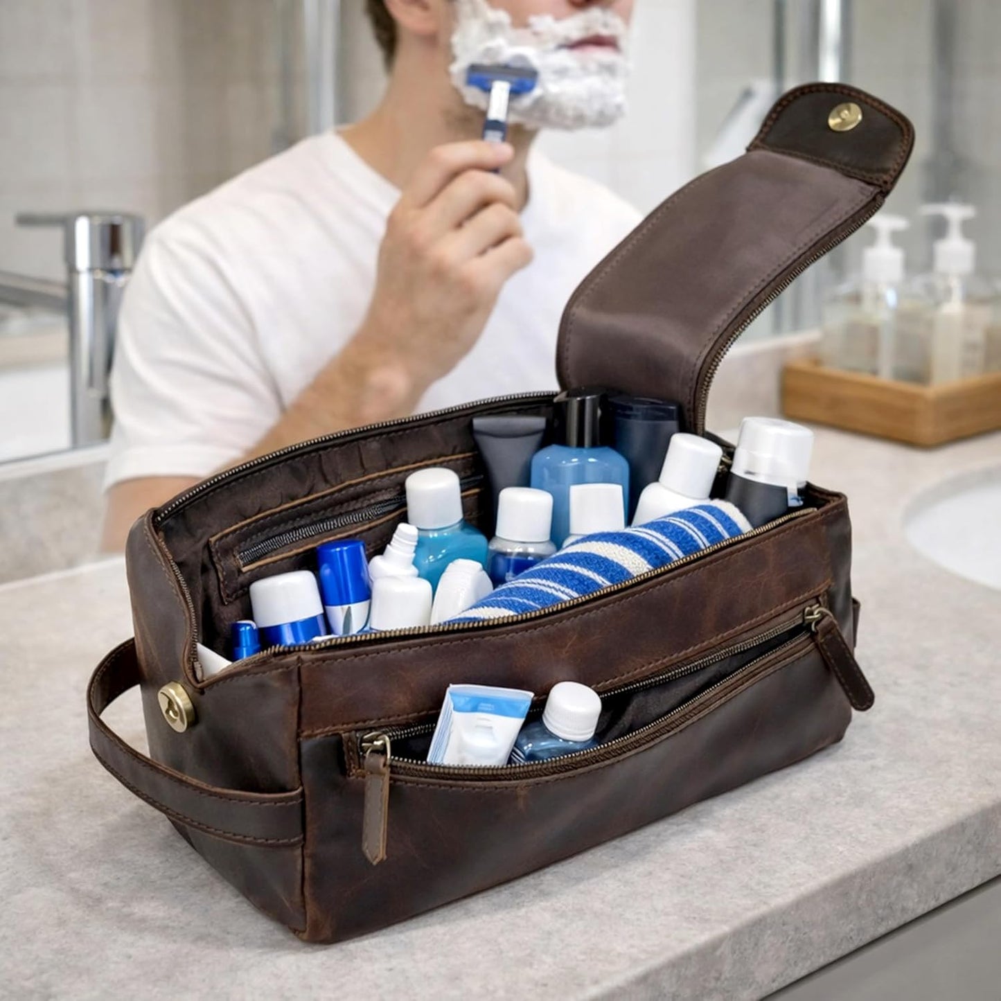 cuero Genuine Buffalo Leather Unisex Toiletry Bag Travel Leather Dopp Kit Made With High Class Buffalo Leather