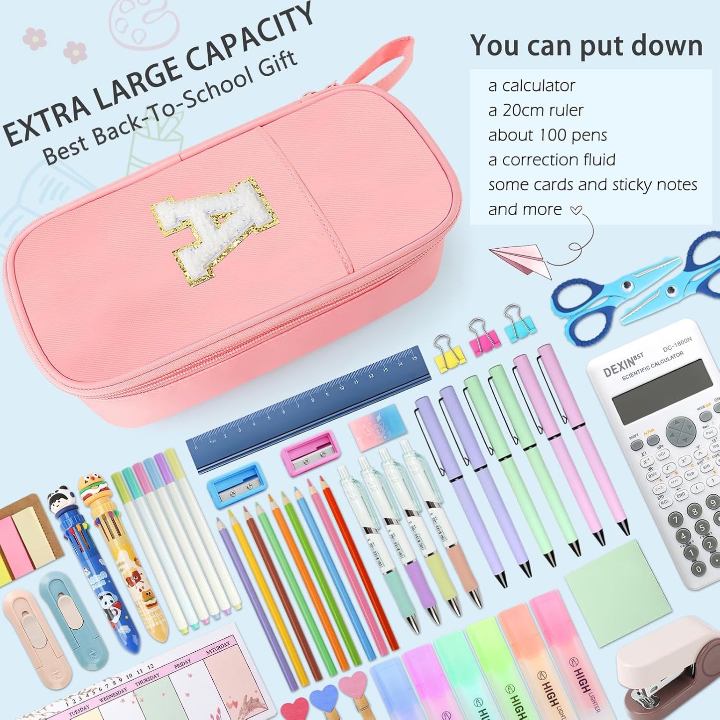 Extra Large Pencil Case,Big Capacity Pencil Pouch,Personalized Initial Pencil Bag with smooth zipper,Multiple Pockets,Cute Aesthetic Stationery Pen Case Bag for Teen Girls College (Pink, H)