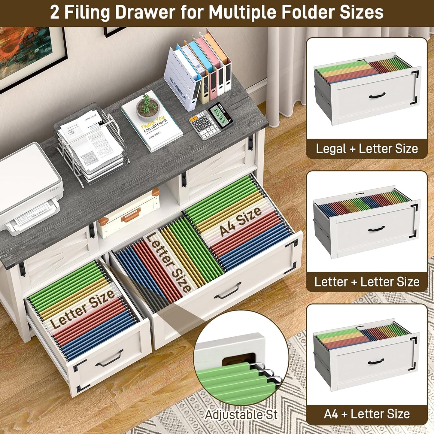 Lateral File Cabinets 2 Drawer with Sliding Barn Doors, Farmhouse Filing Cabinet with 2 Drawer for Home Office，Filing Organization Storage Cabinets for Hanging Files Letter/Legal/F4/A4.(Dark Grey.)