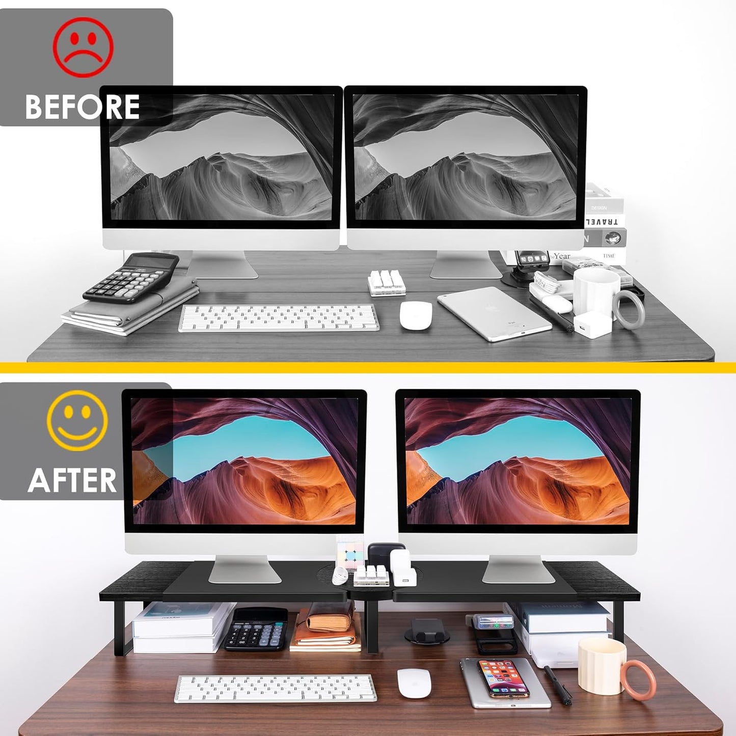 Dual-Monitor Stand for Desk - Large Adjustable Length and Angle Riser for 2 Monitors, Double Computer Desktop Organizer, Shelf for TV, Laptop, Printer