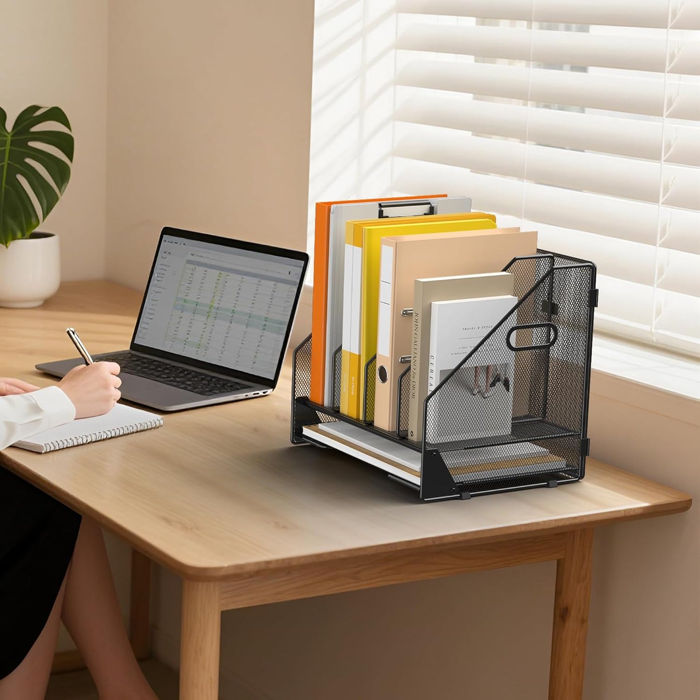 Desk File Folder Holder Organizer-4 Vertical Compartments Racks and Paper Letter Tray,Mesh Magazine File Holder Sorter,Desktop Accessories & Workspace Organizers for Home,Office,School-Black
