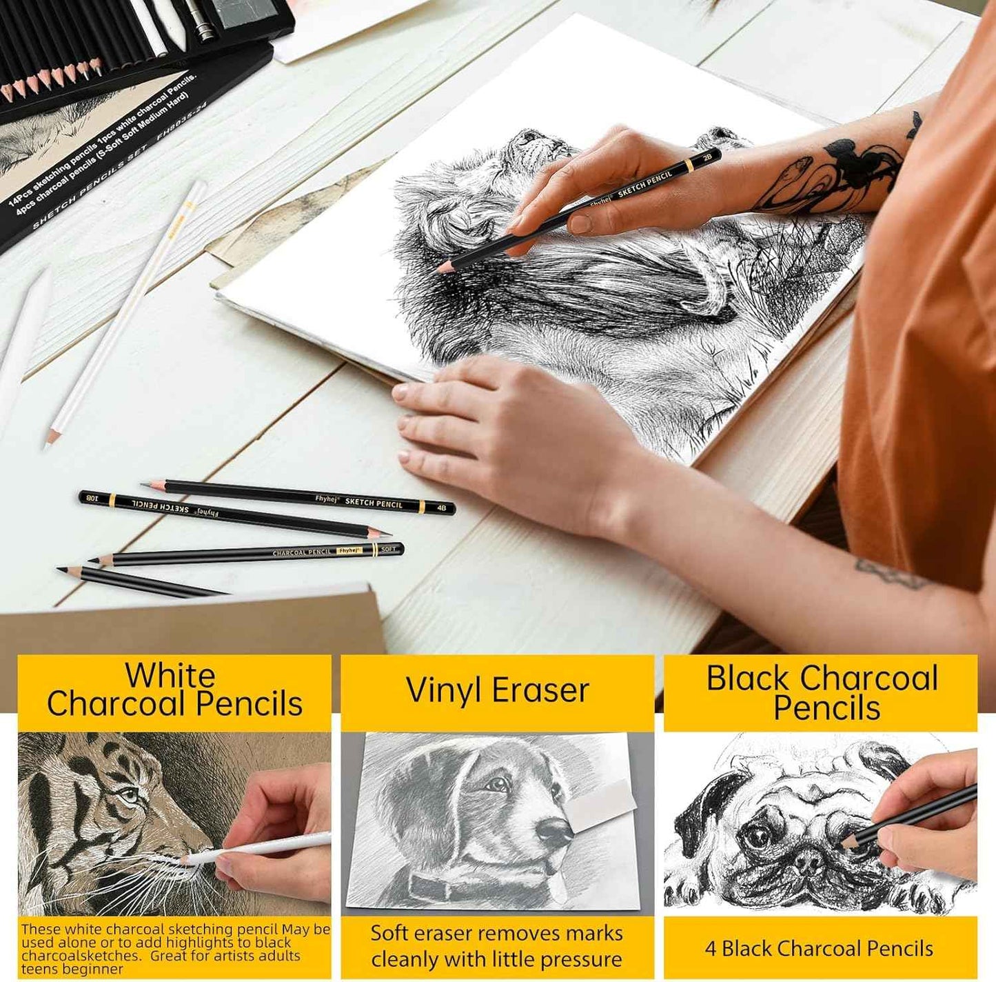 24-Piece Drawing Pencil Set - 14 Graphite Sketch Pencils (14B-4H), 4 Charcoal Pencils, White Charcoal Pencil & Art Supplies, Sketch Pencils for Drawing, Shading, Sketching for Beginners & Artists
