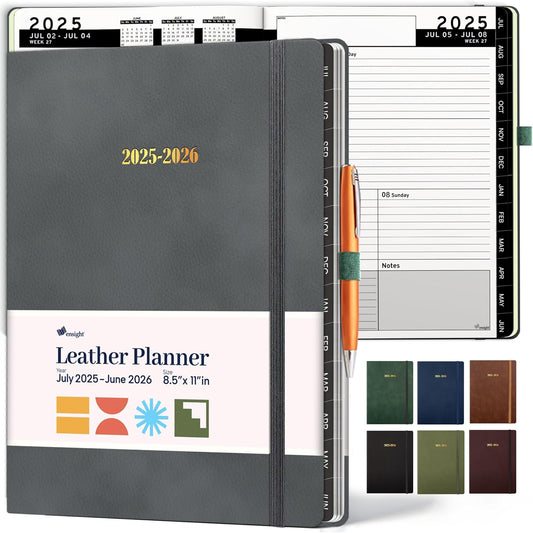 Ensight 2025-2026 HARDCOVER Leather Planner Weekly & Monthly - 8.5x11 Inches - Academic Planner Business Personal or Student - Pen Holder, Thick Paper, July 2025 - June 2026 (Grey)