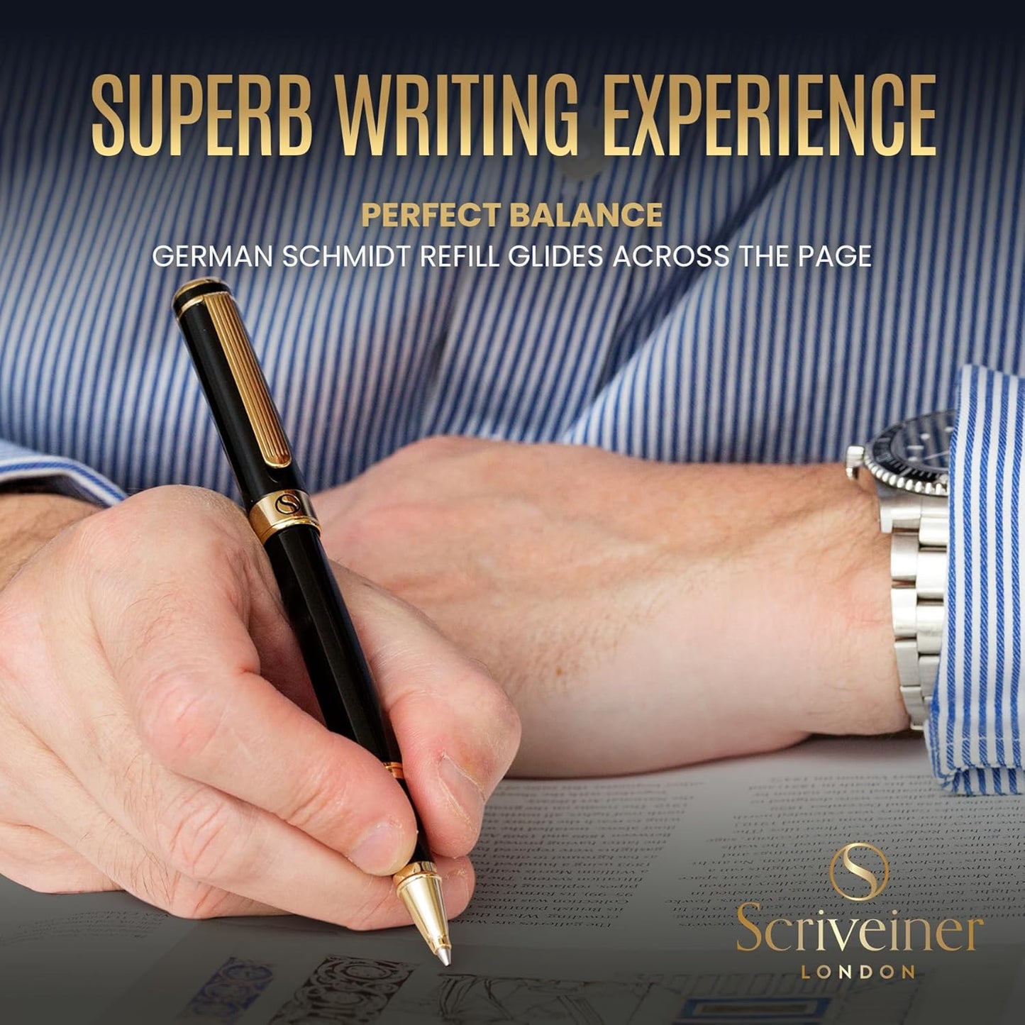 Scriveiner Personalized Black Ballpoint Pen - Stunning Luxury Pen, Jet Black Lacquer, Real Gold Plating, Schmidt Ink Refill, Best Engraved Ball Point Gift Set for Men & Women, Custom Name Engraving