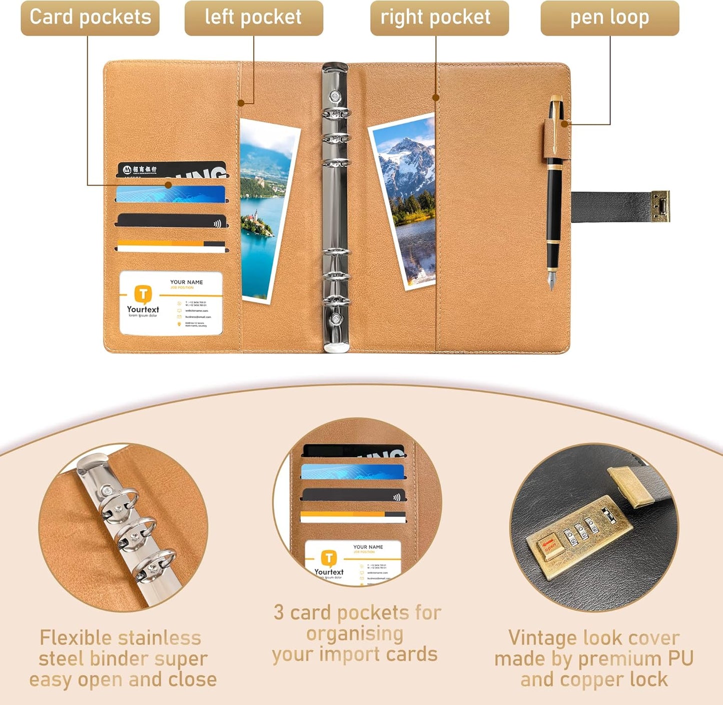 BTSFTOGET Lockable Password Book with Alphabetical Tabs, 302 Pages Vintage Black PU Hardcover Internet Address & Password Organizer Logbook, A5 Refillable Pages Large Print 576 Entries, for Seniors