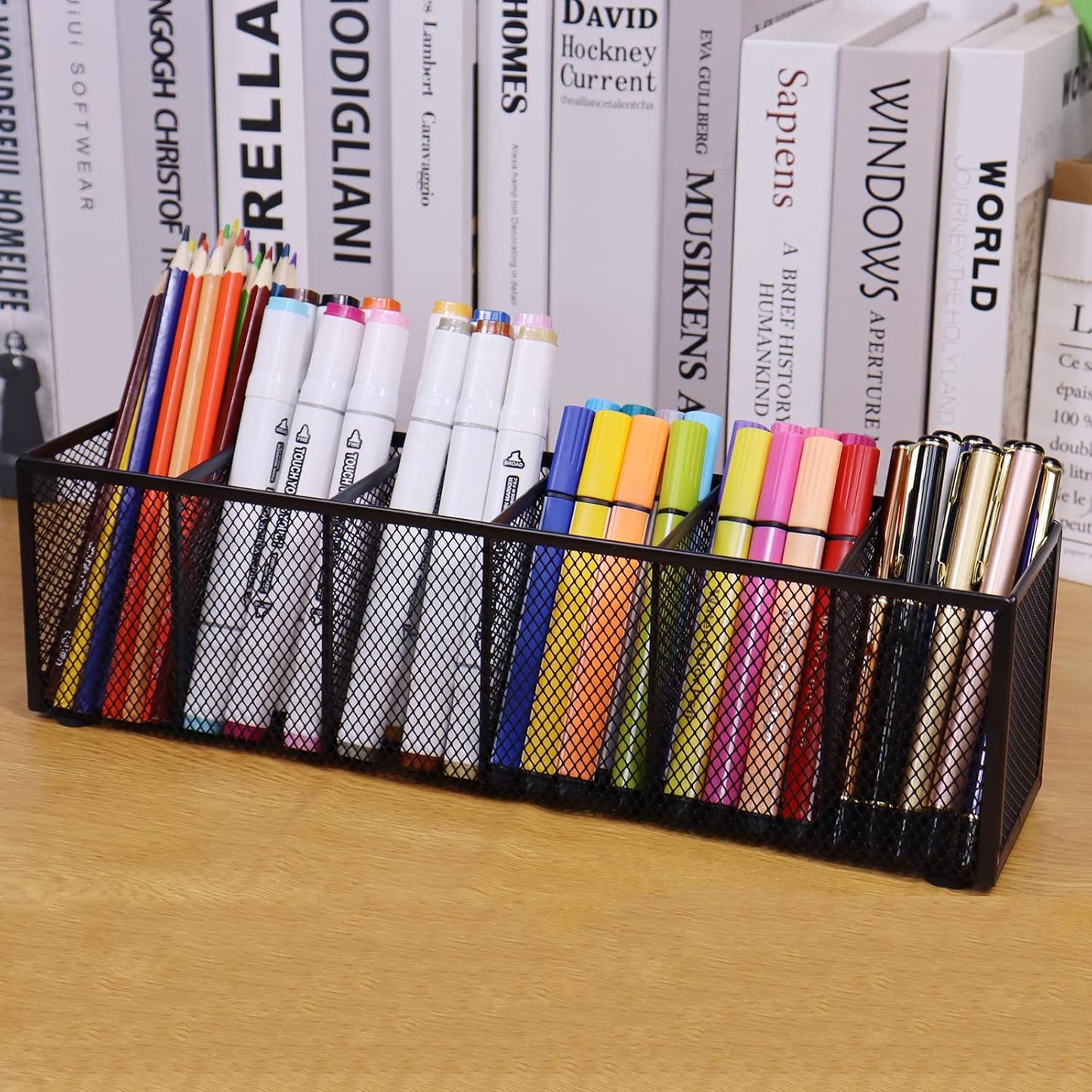 2PCS Black Mesh Pen Pencil Holder, Small Metal Desk Organizer Desktop Stationery Office Supplies Acessories Storage Stand, 6 Compartments Brushes Holder for Home School Classroom Teachers