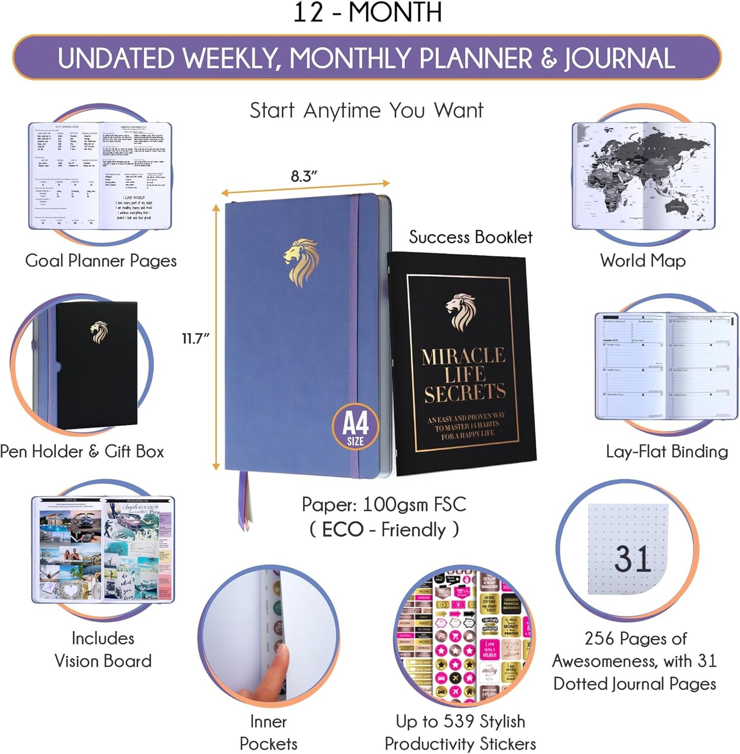 Life Planner - Undated Daily, Weekly & Monthly Planner with Budget Section | A 12 Month Journey to Increase Productivity & Happiness | Life Organizer & Gratitude Journal - Horizontal Format