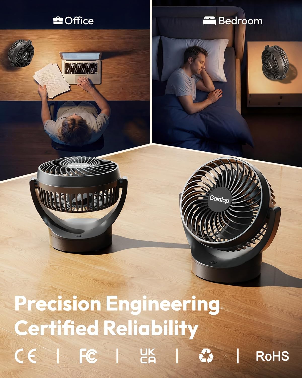 Gaiatop Portable Desk Fan, 3 Adjustable Speeds, Solid Black, Quiet Brushless Motor, 4000mAh Long-Lasting Battery, 135° Tilt Bedroom Fan for Home/Office/Outdoor (Black)