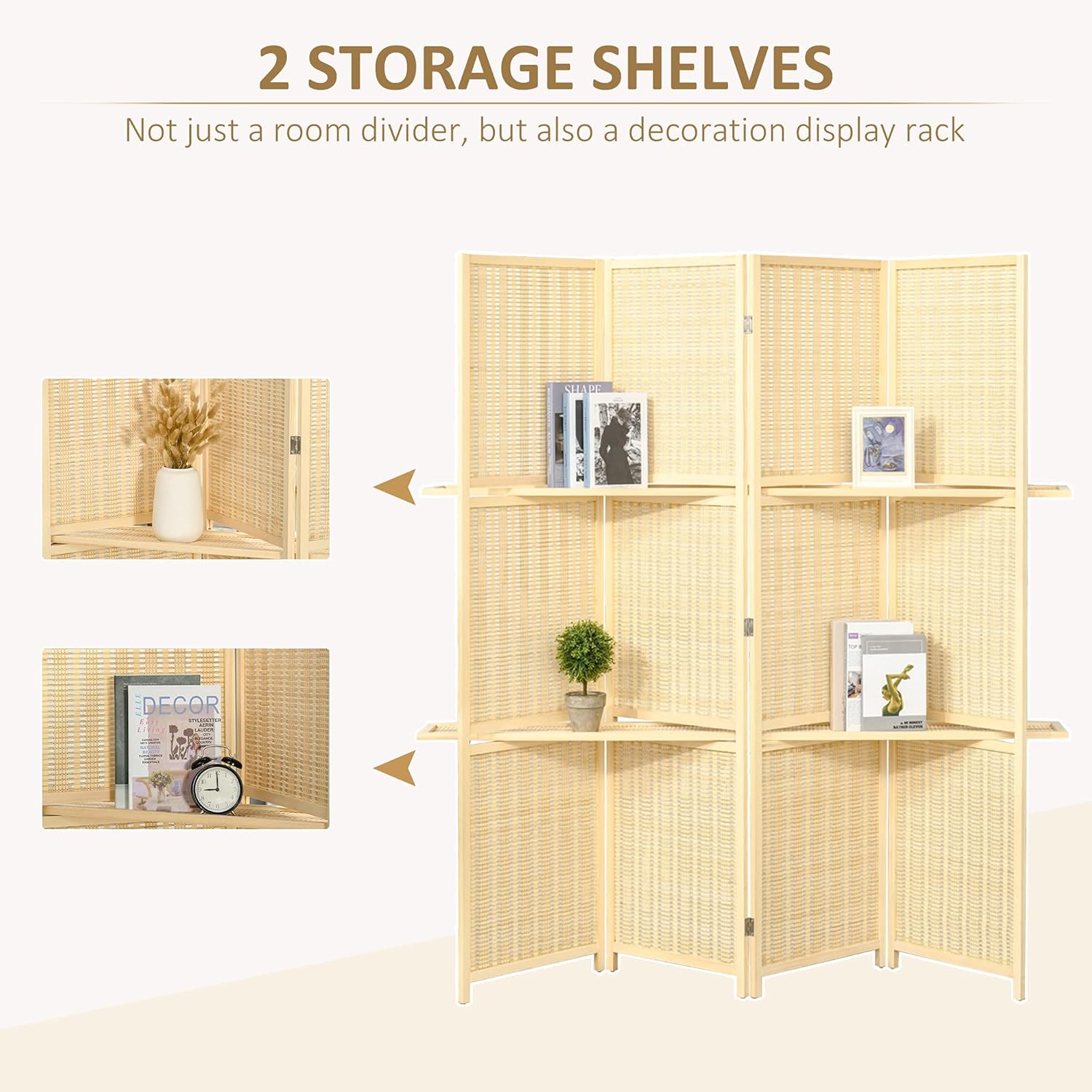 NicBex Room Divider 4 Panel Room Dividers with Storage Shelves Partition Room Dividers and Folding Privacy Screens 6 FT Wall Divider for Office, Room Separation,70.75" W x 0.75" D x 70.75" H, Natural - Lumora Desk