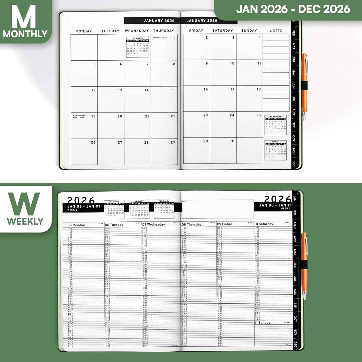 Ensight 2026 Hardcover Appointment Book & Planner 8.5" x 11" inches Large Tabbed Daily Hourly Weekly Planner Schedule Book 15 Minute time Slots Business & Personal Planner Jan 2026 Dec 2026 Dark Green