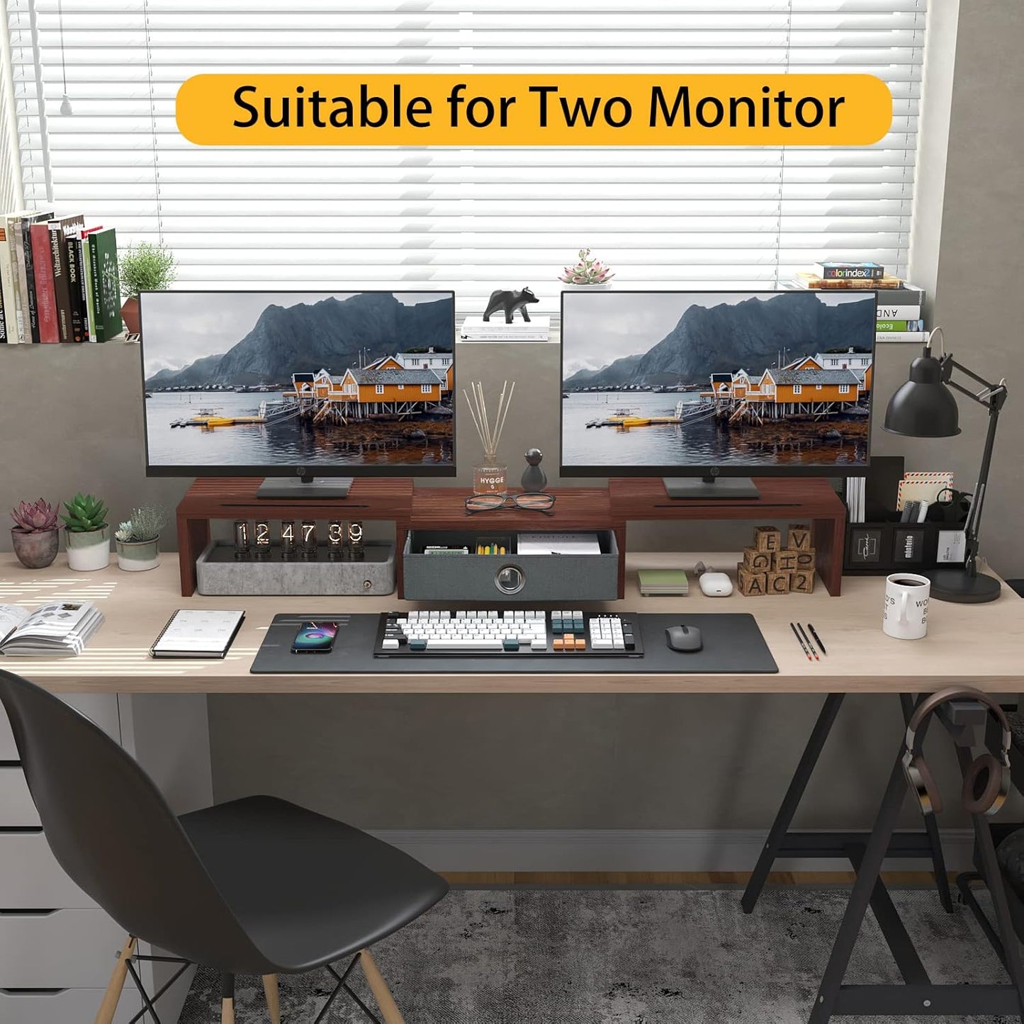 WESTREE Dual Monitor Stand Riser with Drawer - Adjustable Length and Angle, 2 Phone Hold, Desktop Organizer for Computer/Laptop/PC/Printer