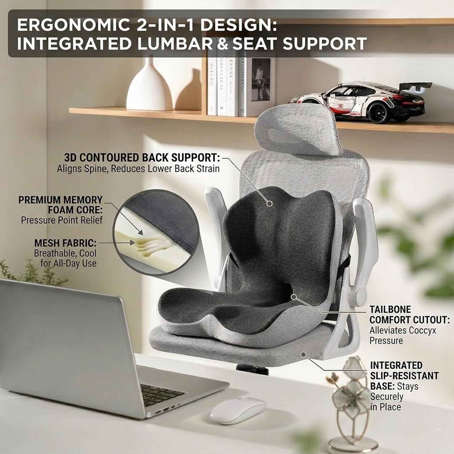 StarAneer Ultimate L-Shaped Truck Driver Seat Cushion - Ergonomic Memory Foam Back & Tailbone Support - Breathable Cool-Mesh Pressure Relief Pad for Office Chairs, Semi-Trucks, & Long-Haul Driving