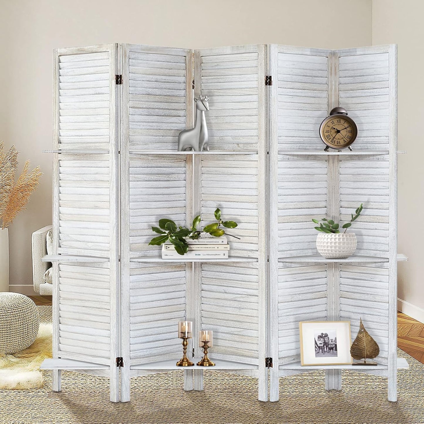 Room Divider with Shelves, Privacy Screen, Room Dividers and Folding Privacy Screens, 5 Panel Wood Temporary Wall Partition Separation Separator, Distressed White