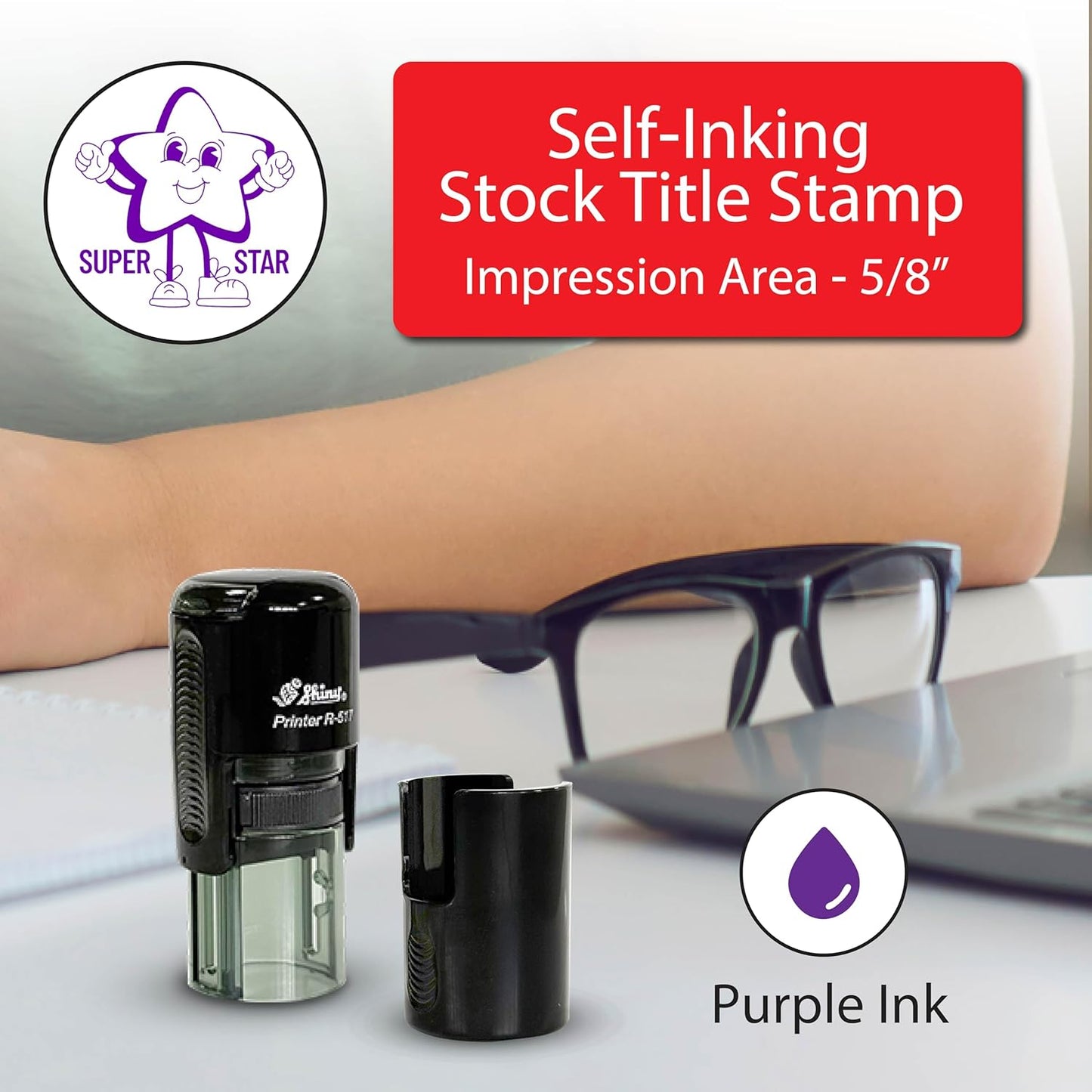 Shiny Superstar Teacher Stamp, Round Self Inking Stamp for Classroom, Purple Ink