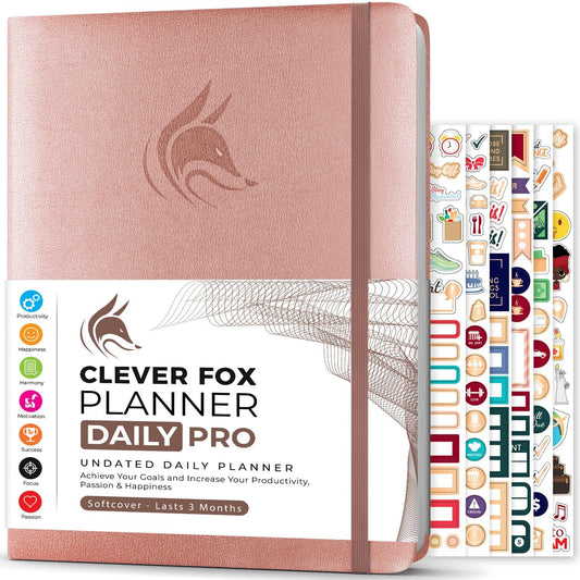 Clever Fox Planner Daily PRO - 8.5 x 11" A4 Size Daily Life Planner and Gratitude Journal to Increase Productivity, Time Management and Hit Your Goals - Undated - Lasts 3 Months (Rose Gold)