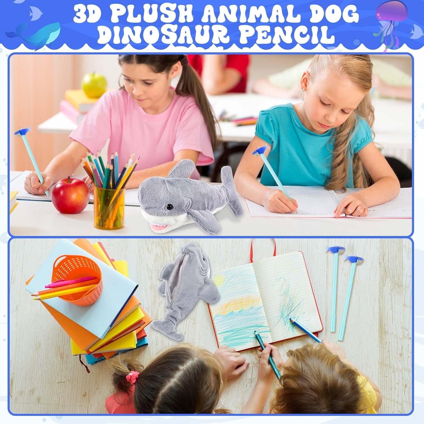 3 Pcs Grey Shark Pencil Pouch for Kids 3D Plush Animal Pencil Case with 2 Fun Pencils & 1 Soft Stationery Bag Ideal Birthday Gift for Boys and Girls, Back to School Supplies