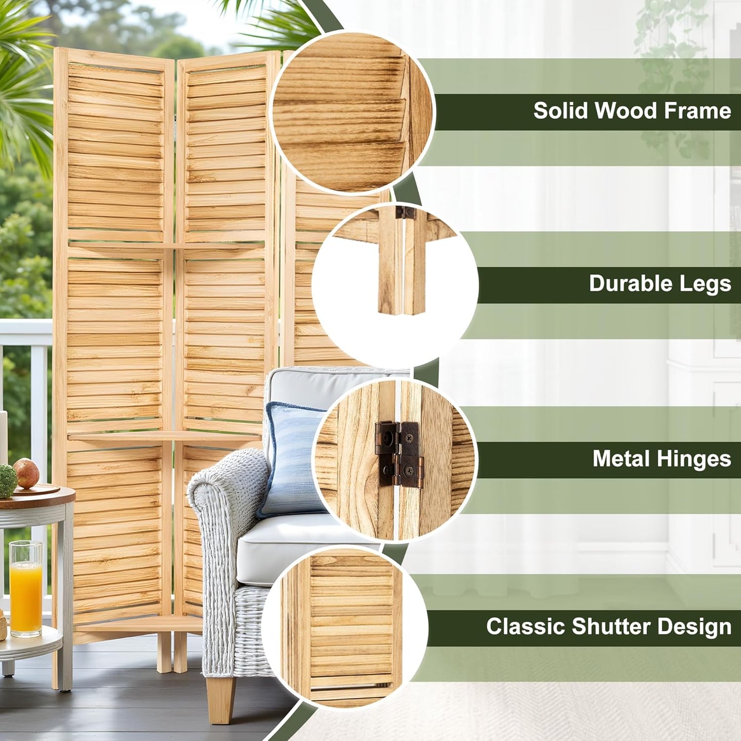 NicBex 6 Panel Room Divider,5.6FT Wood Carved Room Dividers with Display Shelves Folding Privacy Screens Portable Freestanding Partition Wall Dividers for Room Separation, Bedroom Office,Natural Wood - Lumora Desk
