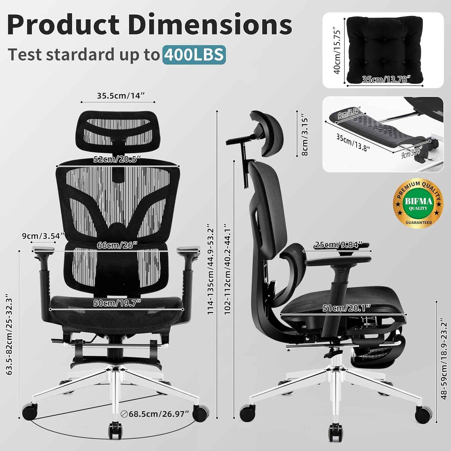 Ergonomic Office Chair with Footrest, Big and Tall Office Chair 4-Level Adjustable Lumbar Support - 155° Tilt Lock and Wide Cushion - 3D Headrest & Armrests, High Back Home Desk Chair(Black)