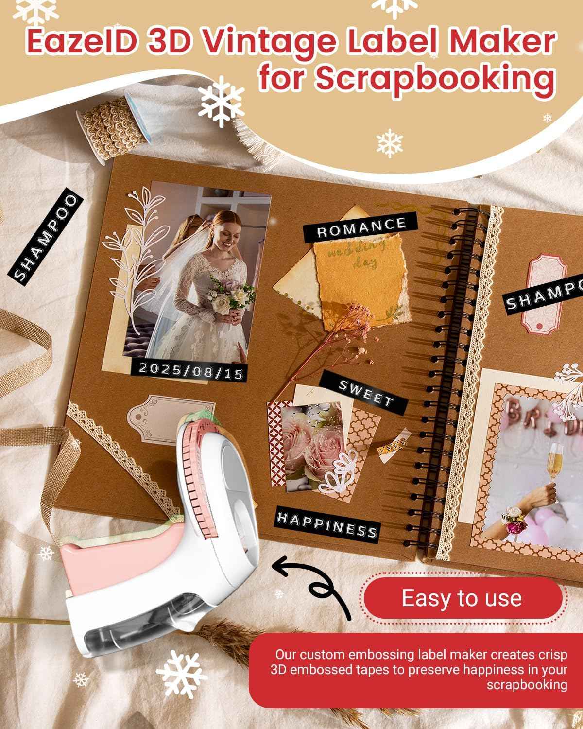 Embossing Label Maker Manual, Vintage Embossed Label Maker Pink, Retro Embosser Handheld Labeler with 3 Black Tapes 3/8Inch for DIY Scrapbooking, Kids Teachers Practical Gift, Home & Office Use