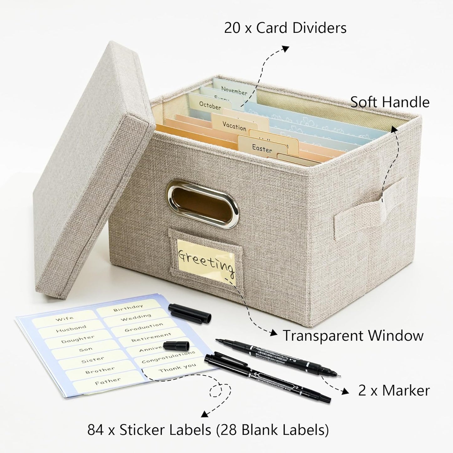 Greeting Card Organizer and Storage Box with 20 Pcs Adjustable Dividers, Storing Cards with 84 Pcs Labels Perfect for Storing Greeting Cards, Envelopes, Photos 1 Pack Beige