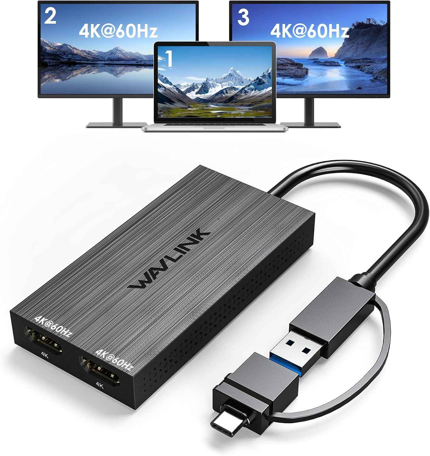 WAVLINK USB 3.0 or USB C to Dual HDMI 4K@60hz Splitter Extended Display for Dual Monitor, Displaylink Adapter Two HDMI 4K 60Hz for Apple Mac M1-M5/Macbook Neo or Windows 10/11,Driver Required