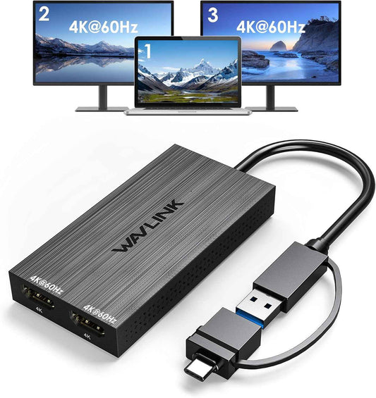WAVLINK USB 3.0 or USB C to Dual HDMI 4K@60hz Splitter Extended Display for Dual Monitor, Displaylink Adapter Two HDMI 4K 60Hz for Apple Mac M1-M5/Macbook Neo or Windows 10/11,Driver Required
