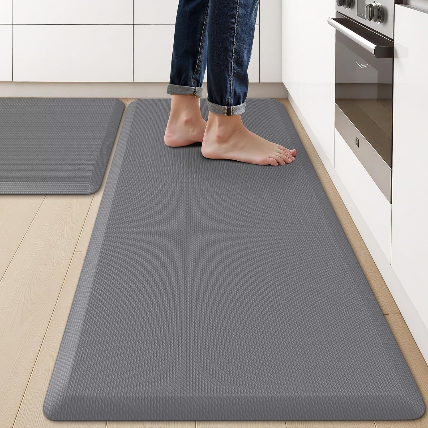 KitchenClouds 2PCS Kitchen Rugs Cushioned Anti-Fatigue Non-Slip Waterproof Kitchen Mat Comfort Foam Standing Mat for Floor Office Sink Laundry (Grey) - Lumora Desk