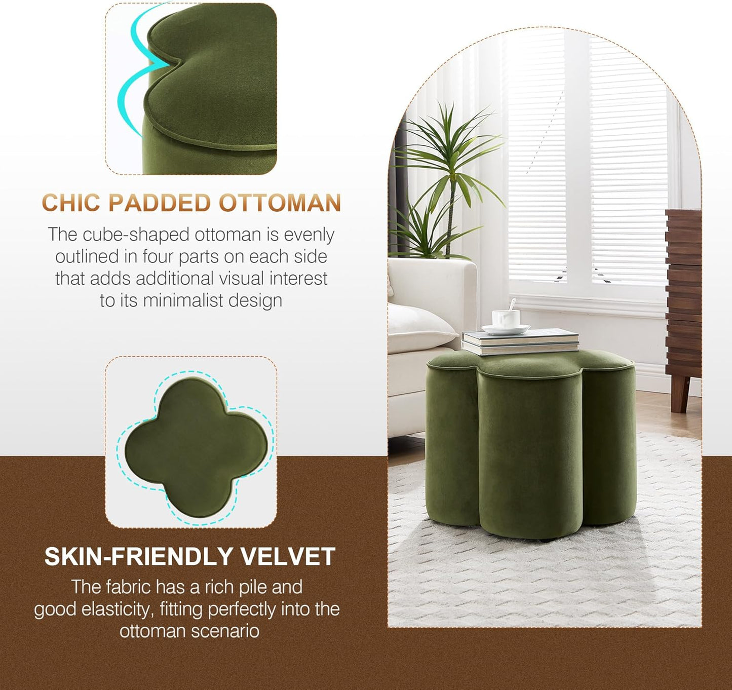 Zesthouse Flower Pouf Ottoman Foot Rest, Velvet Fabric Poofy Ottoman Footstool for Couch, Modern Living Room Stool Seat, Cute Square Vanity Stool for Bedroom Dorm, Green
