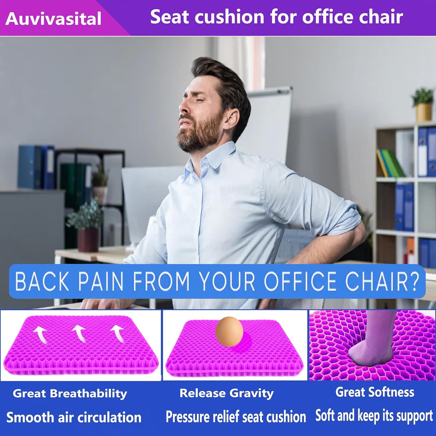 Plus Size Gel Seat Cushion for Long Sitting, Extra Large and Thick, Gel Cushion for Back, Hip, Sciatica, Tailbone Pain Relief, Use for The Office, Wheelchair, Car, Recliner, Stadium, Kayka.(Rose red)