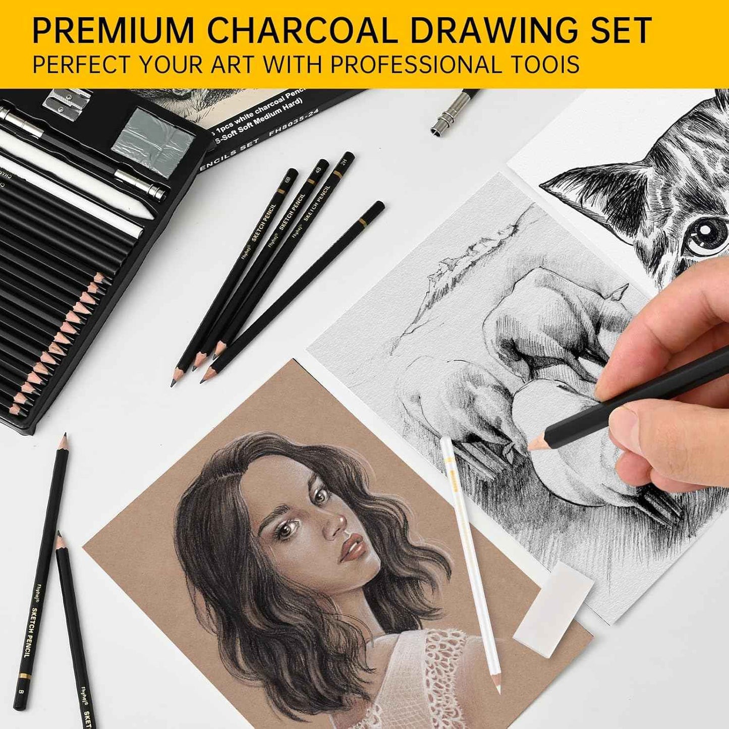 24-Piece Drawing Pencil Set - 14 Graphite Sketch Pencils (14B-4H), 4 Charcoal Pencils, White Charcoal Pencil & Art Supplies, Sketch Pencils for Drawing, Shading, Sketching for Beginners & Artists
