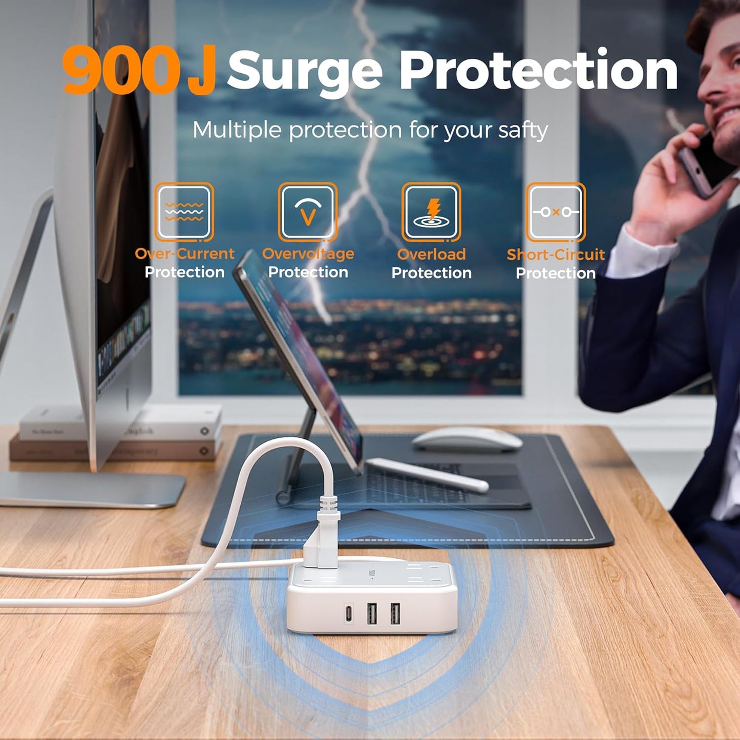 Flat Plug Extension Cord 5 Ft, TESSAN Surge Protector Power Strip Ring Pull with 3 USB (1 USB C) 4 Outlets, 900 Joules Protection, Desktop Charging Station for Home, Office, College, Dorm Room, Gray