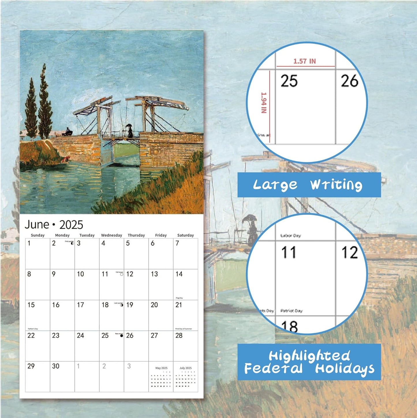 2025 Wall Calendar,Calendar 2025, January 2025 - December 2025, Wall Calendar van Gogh, 12" x 24" Opened,Full Page Months Thick & Sturdy Paper for Calendar Organizing & Planning